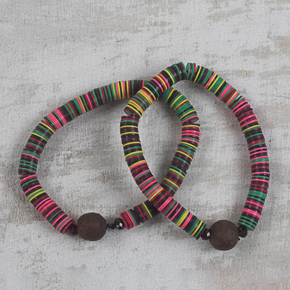 Gathering of Colors Recycled Plastic and Glass Beaded Pair of Stretch Bracelets