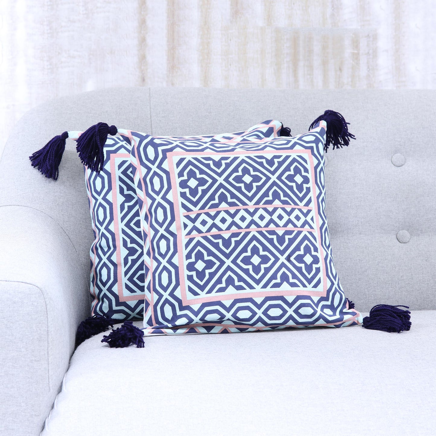 Geometric Blooms Navy Coral and Aqua Geometric Pair of Cotton Cushion Covers