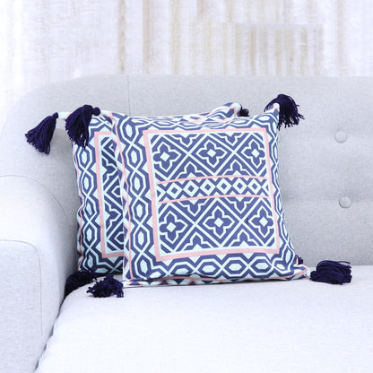 Geometric Blooms Navy Coral and Aqua Geometric Pair of Cotton Cushion Covers