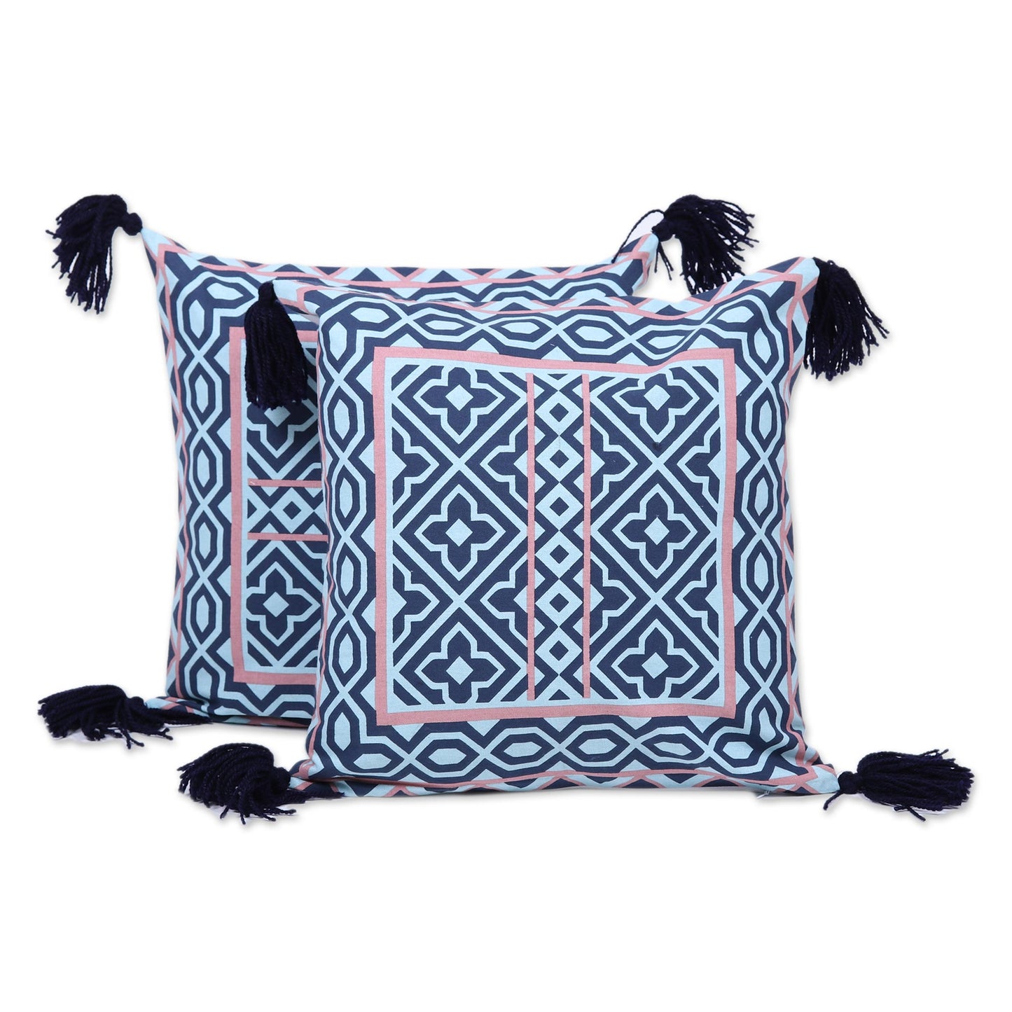 Geometric Blooms Navy Coral and Aqua Geometric Pair of Cotton Cushion Covers