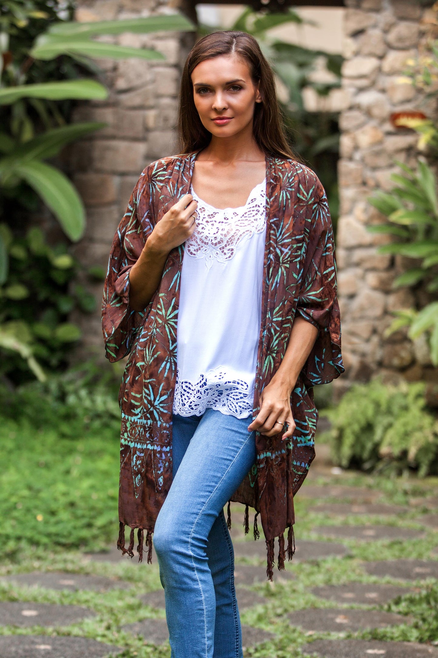 Denpasar Lady in Brown Leaf Motif Batik Rayon Kimono Jacket in Brown from Bali