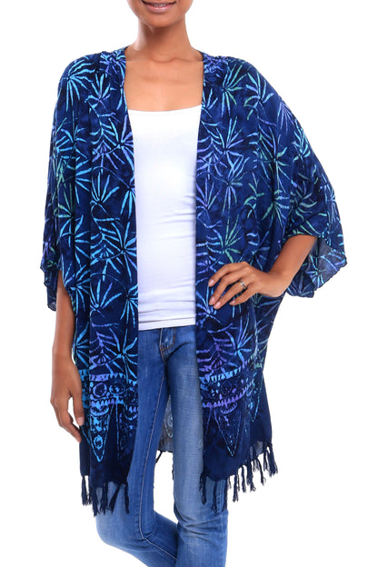 Denpasar Lady in Blue Leaf Motif Batik Rayon Kimono Jacket in Blue from Bali