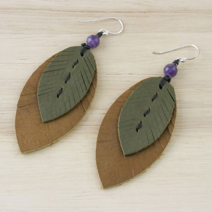 Happy Leaves Amethyst and Leather Leaf Dangle Earrings from Thailand