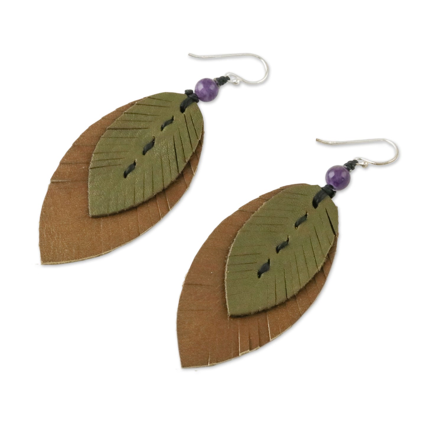 Happy Leaves Amethyst and Leather Leaf Dangle Earrings from Thailand