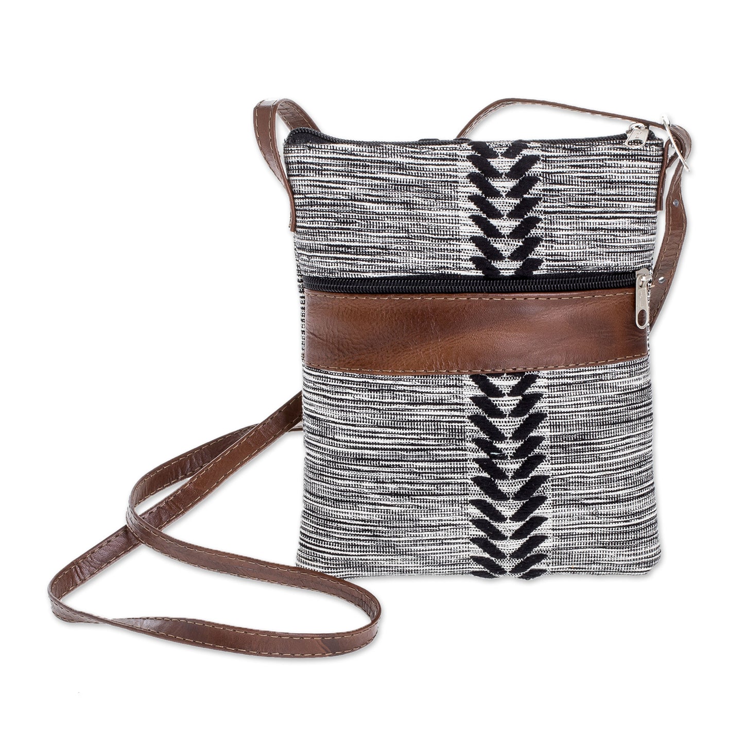 Chevron Heather Black and White Leather Accent Cotton Sling from Guatemala