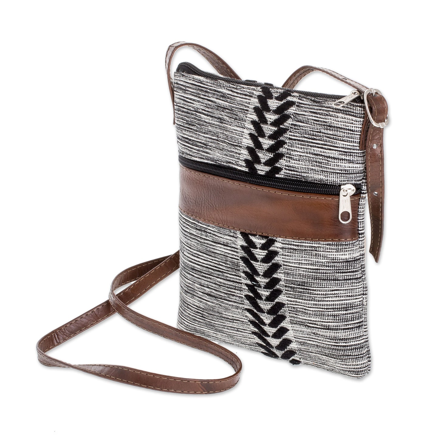 Chevron Heather Black and White Leather Accent Cotton Sling from Guatemala