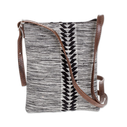 Chevron Heather Black and White Leather Accent Cotton Sling from Guatemala