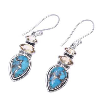 Gemstone Allure Citrine and Composite Turquoise Dangle Earrings from India