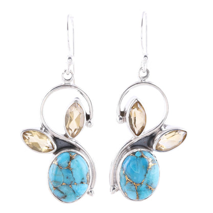 Dazzling Sparkle Citrine and Composite Turquoise Dangle Earrings from India