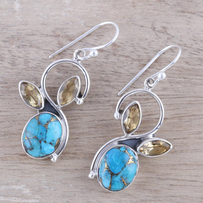 Dazzling Sparkle Citrine and Composite Turquoise Dangle Earrings from India