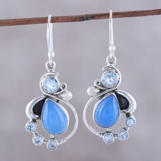 Elegant Dew Blue Topaz and Chalcedony Dangle Earrings from India