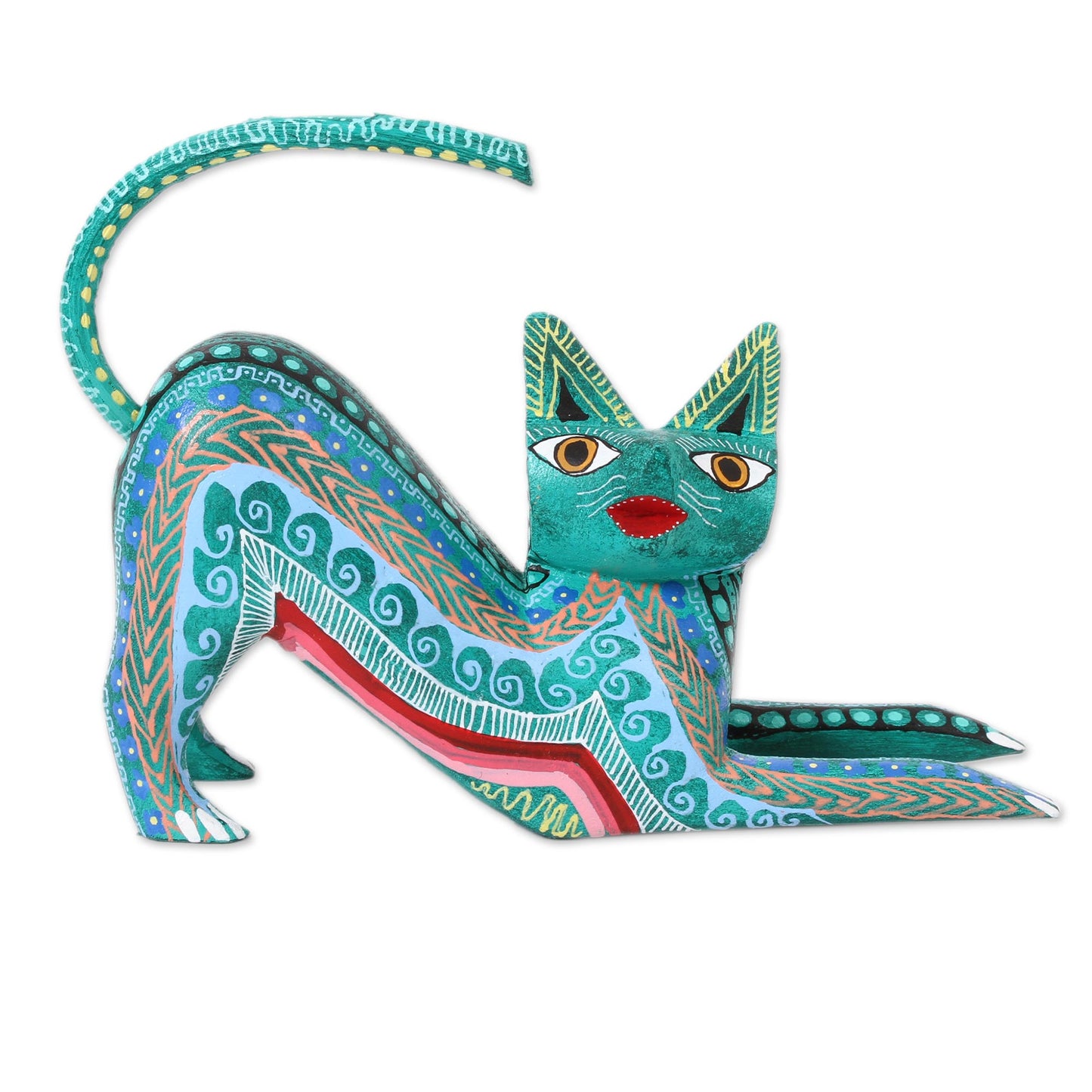 Cat Stretch Wood Alebrije Figurine Cat in Green from Mexico