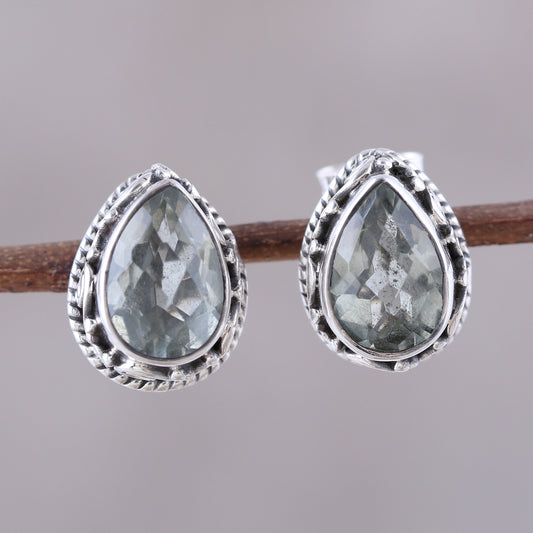 Verdant Mist 3-Carat Prasiolite Teardrop Stud Earrings from India