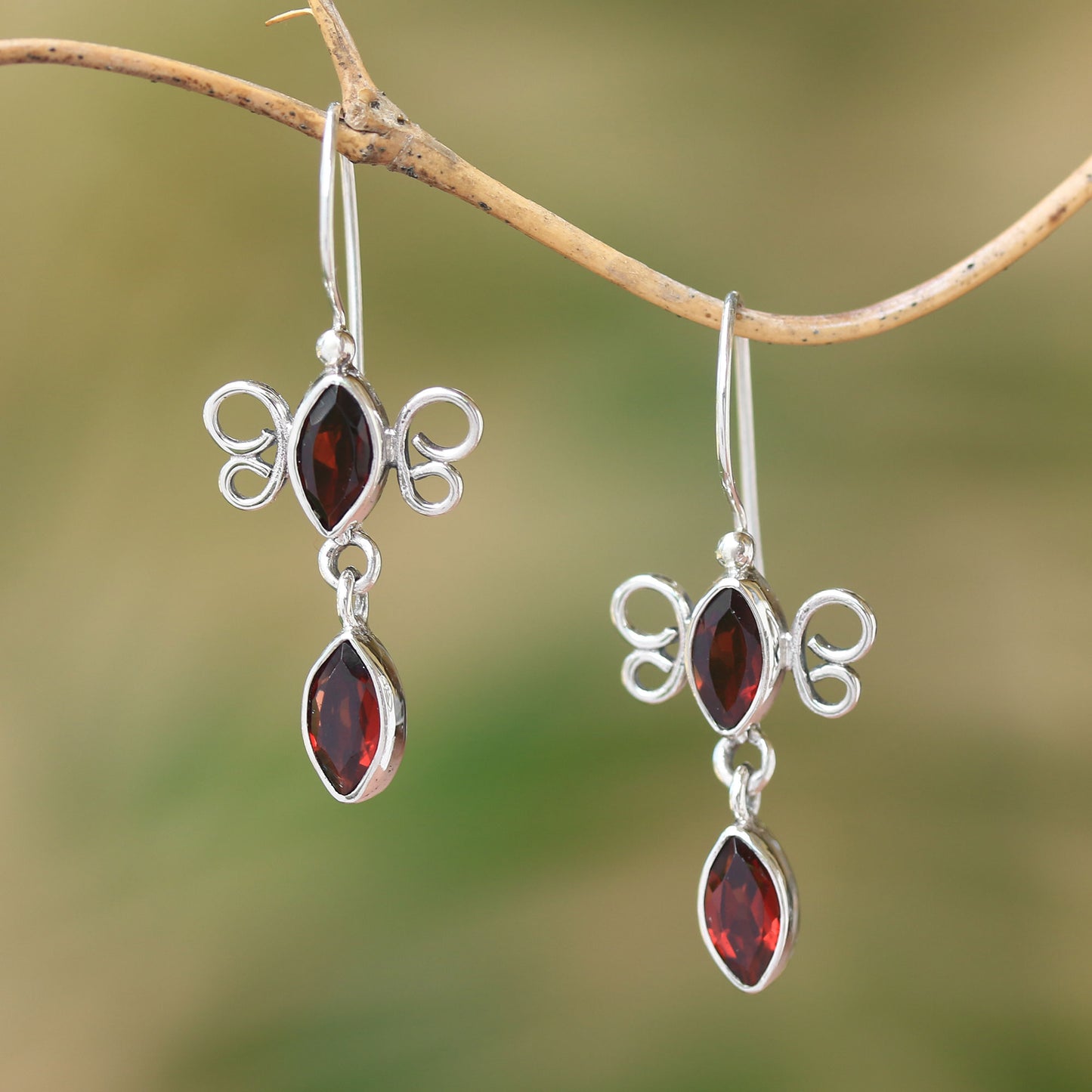 Crimson Rainfall Sterling Silver and Garnet Red Raindrop Dangle Earrings