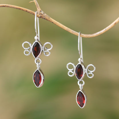 Crimson Rainfall Sterling Silver and Garnet Red Raindrop Dangle Earrings