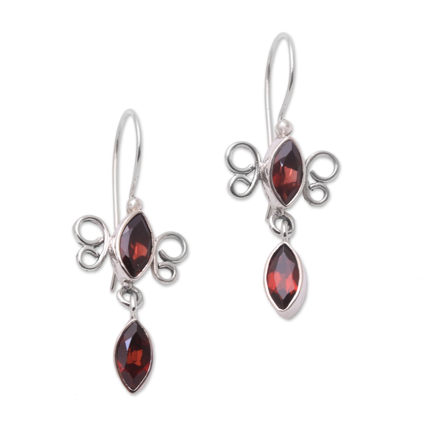 Crimson Rainfall Sterling Silver and Garnet Red Raindrop Dangle Earrings