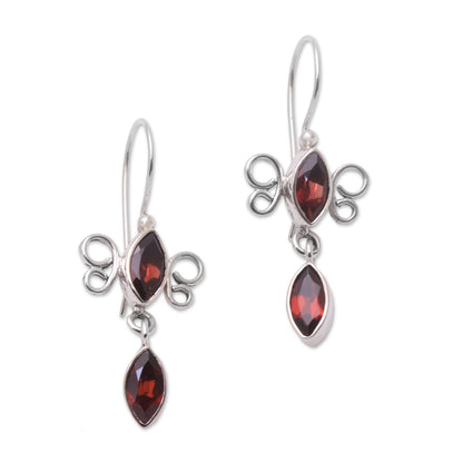 Crimson Rainfall Sterling Silver and Garnet Red Raindrop Dangle Earrings