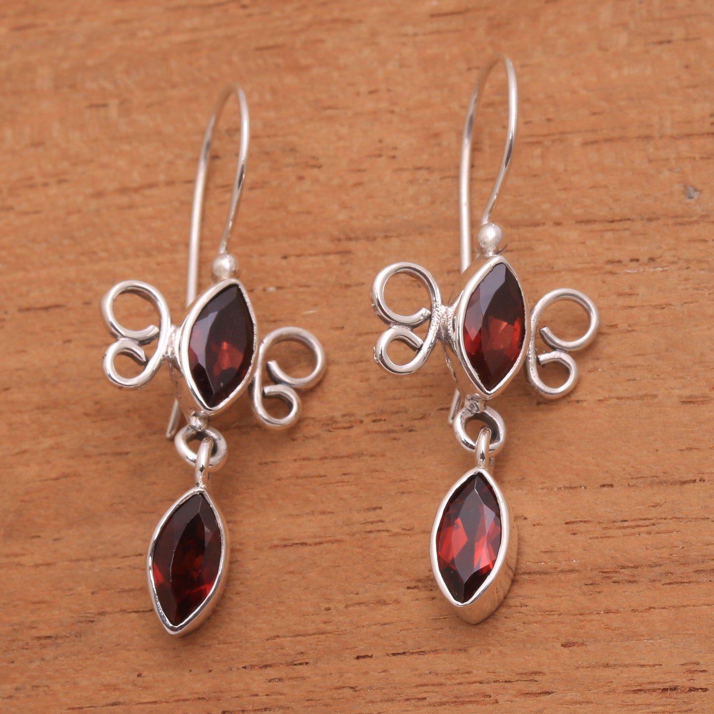 Crimson Rainfall Sterling Silver and Garnet Red Raindrop Dangle Earrings
