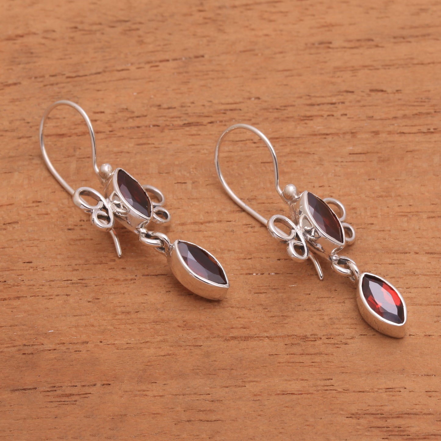 Crimson Rainfall Sterling Silver and Garnet Red Raindrop Dangle Earrings