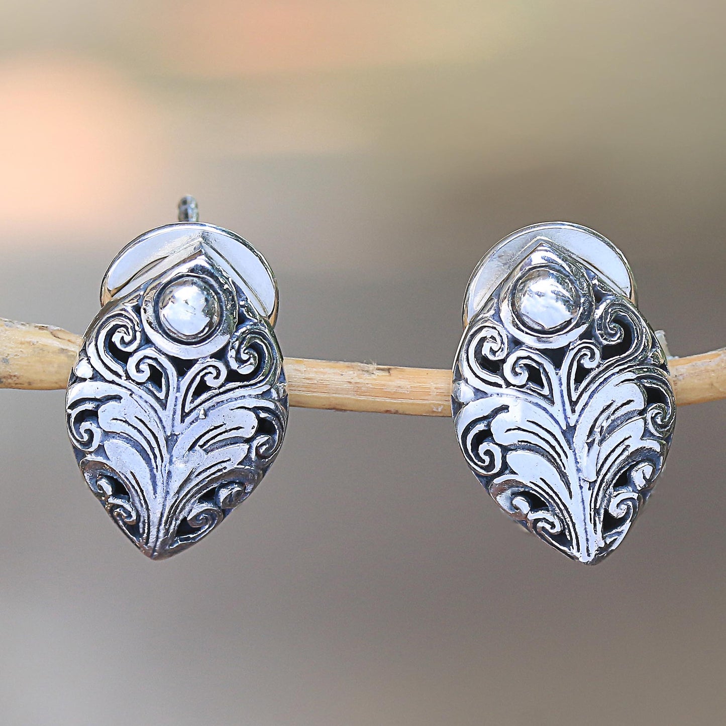 Pointed Elegance Sterling Silver Scrolling Leaf Motif Drop Earrings from Bali