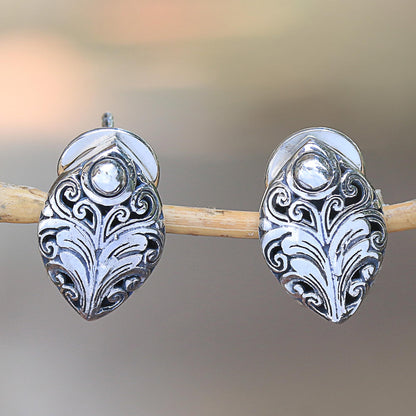 Pointed Elegance Sterling Silver Scrolling Leaf Motif Drop Earrings from Bali