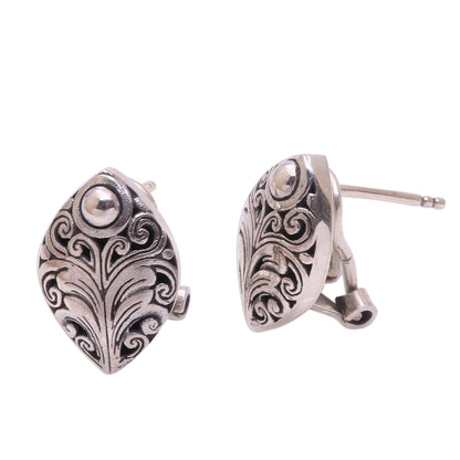 Pointed Elegance Sterling Silver Scrolling Leaf Motif Drop Earrings from Bali