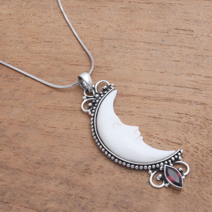 Moonlight Glimmer Garnet Silver & Cow Bone Pendant Necklace