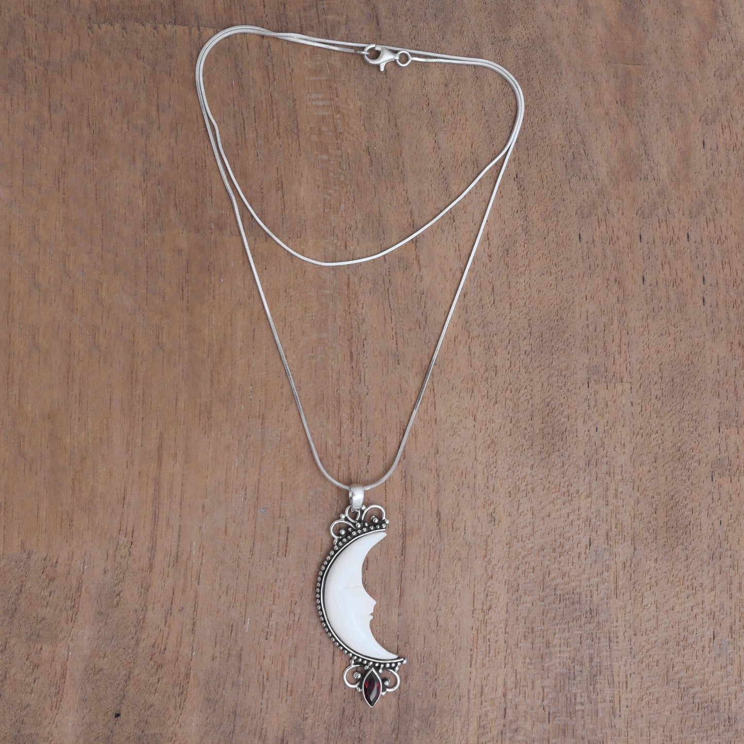 Moonlight Glimmer Garnet Silver & Cow Bone Pendant Necklace