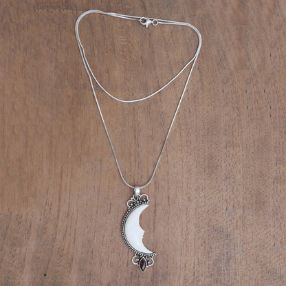 Moonlight Glimmer Garnet Silver & Cow Bone Pendant Necklace