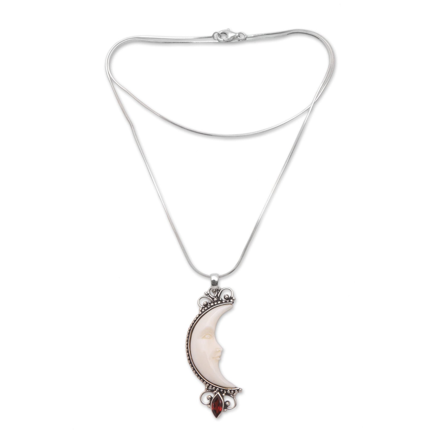 Moonlight Glimmer Garnet Silver & Cow Bone Pendant Necklace