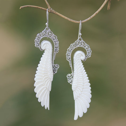 Ready to Fly Sterling Silver and Bone Wing Dangle Earrings from Bali