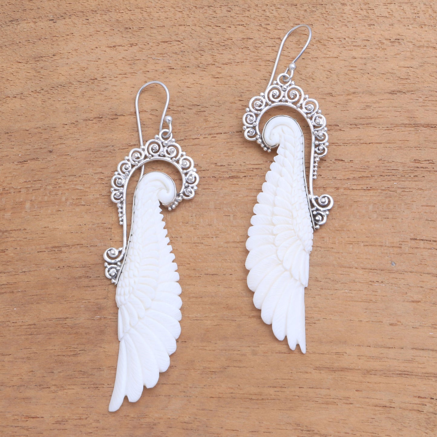 Ready to Fly Sterling Silver and Bone Wing Dangle Earrings from Bali