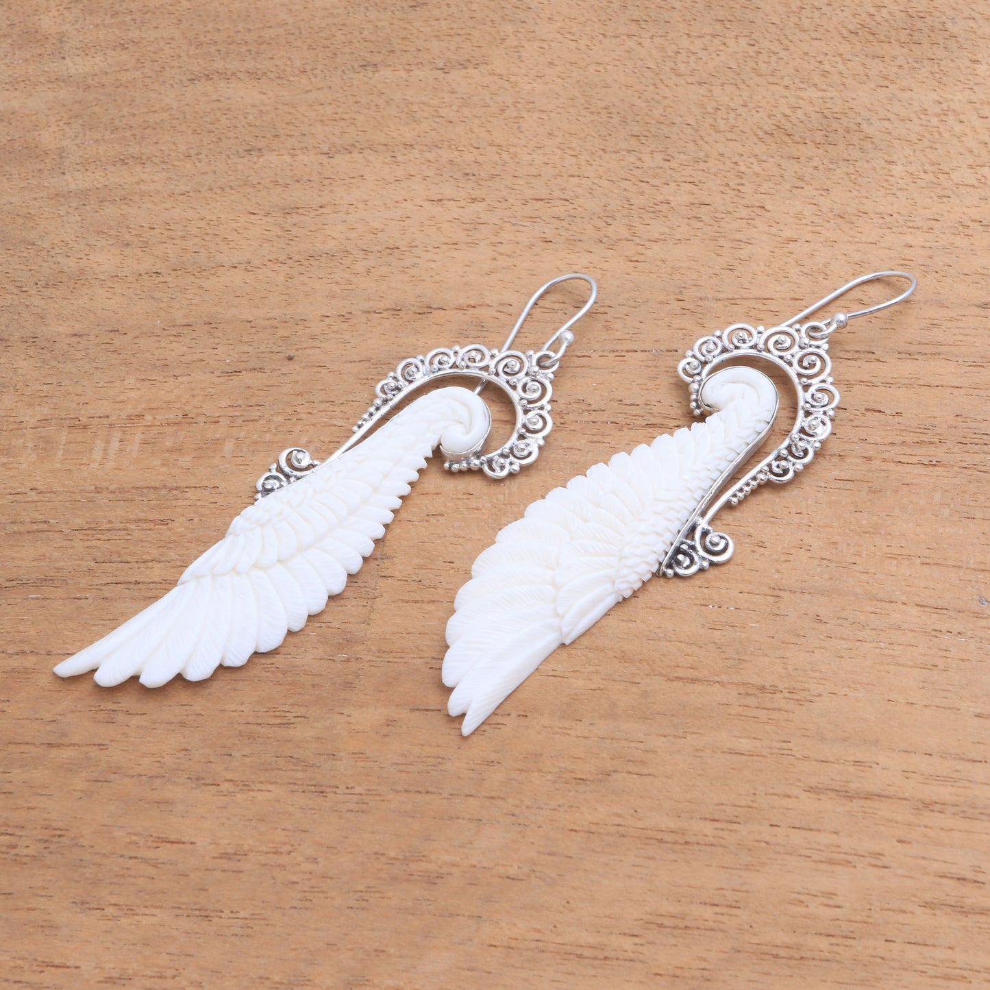 Ready to Fly Sterling Silver and Bone Wing Dangle Earrings from Bali