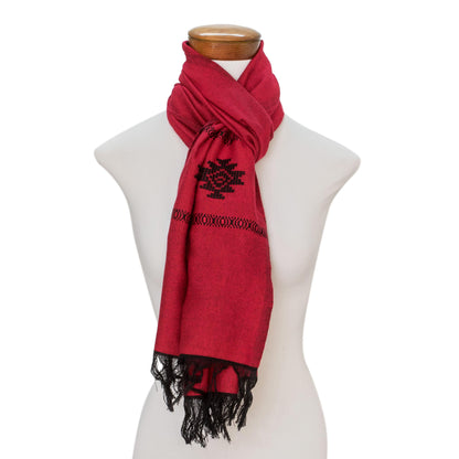 Fret Chic in Red Red Cotton Blend Scarf with Black Stepped-Fret Rhombus Motif