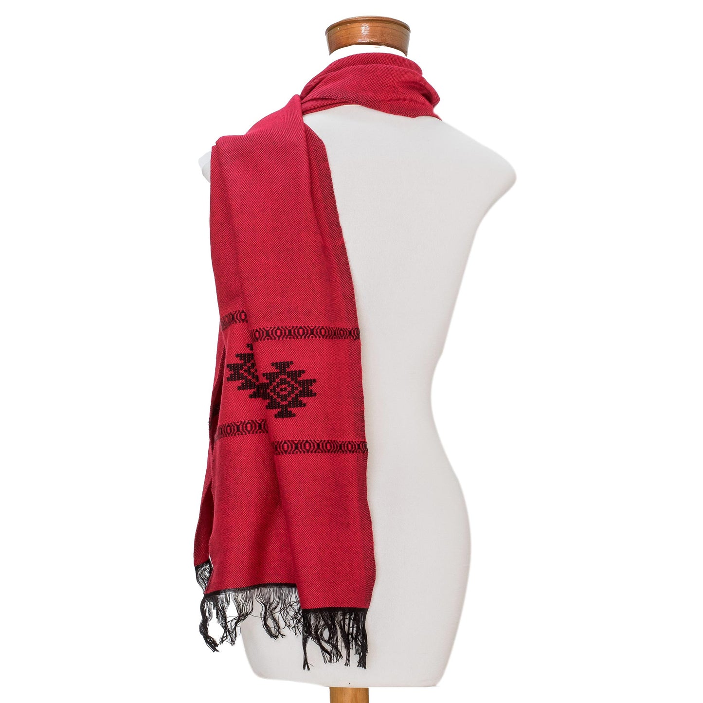 Fret Chic in Red Red Cotton Blend Scarf with Black Stepped-Fret Rhombus Motif