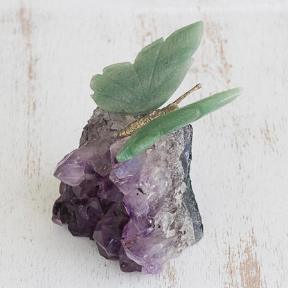 Verdant Wings Quartz and Amethyst Butterfly Gemstone Sculpture from Brazil