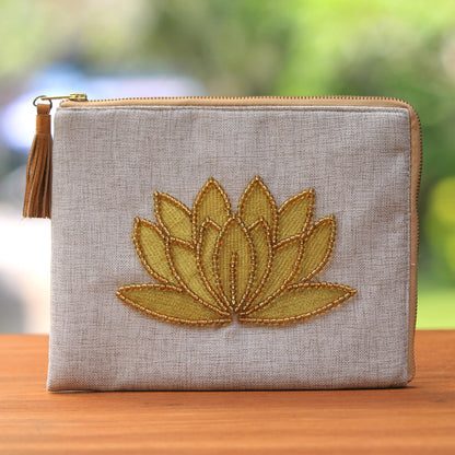 God's Grace in Bone Floral Embellished Jute Coin Purse in Bone from Java