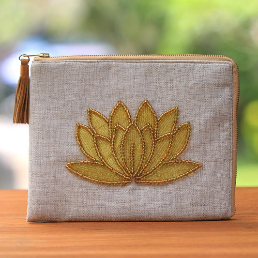 God's Grace in Bone Floral Embellished Jute Coin Purse in Bone from Java