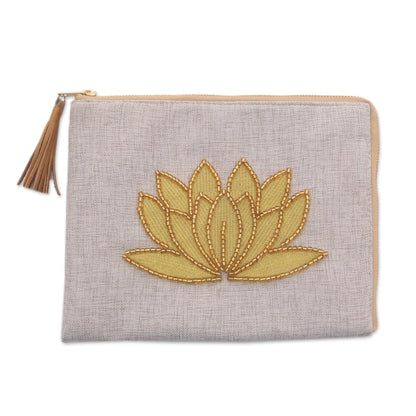 God's Grace in Bone Floral Embellished Jute Coin Purse in Bone from Java