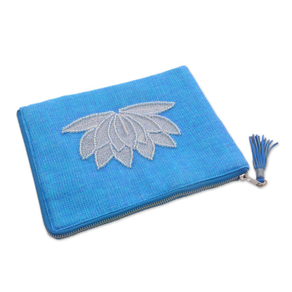 God's Grace in Sky Blue Floral Embellished Jute Coin Purse in Sky Blue from Java