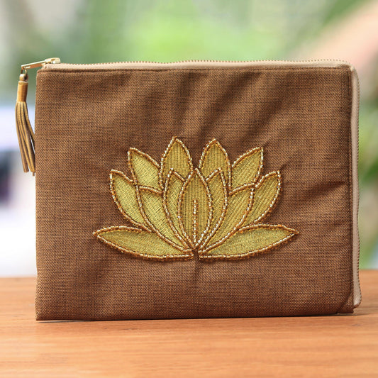 God's Grace in Tan Floral Embellished Jute Coin Purse in Tan from Java
