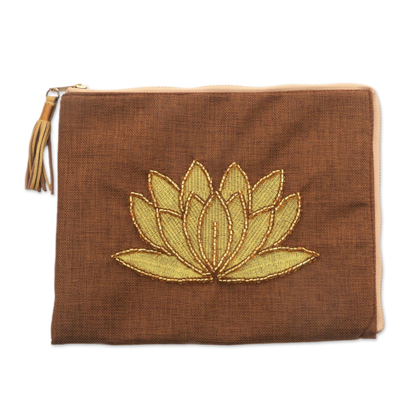 God's Grace in Tan Floral Embellished Jute Coin Purse in Tan from Java