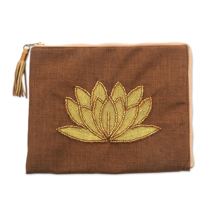 God's Grace in Tan Floral Embellished Jute Coin Purse in Tan from Java