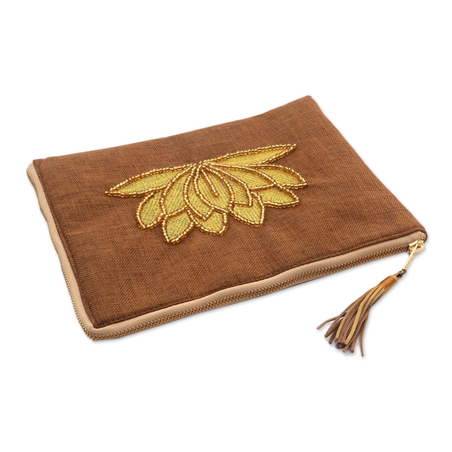 God's Grace in Tan Floral Embellished Jute Coin Purse in Tan from Java