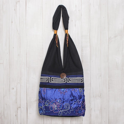 Glittering Blue Flower Black and Blue Cotton with Floral Pattern Shoulder Bag