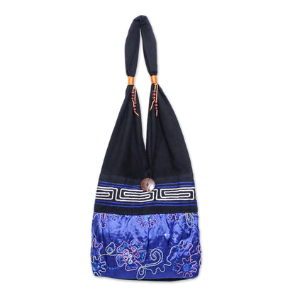 Glittering Blue Flower Black and Blue Cotton with Floral Pattern Shoulder Bag