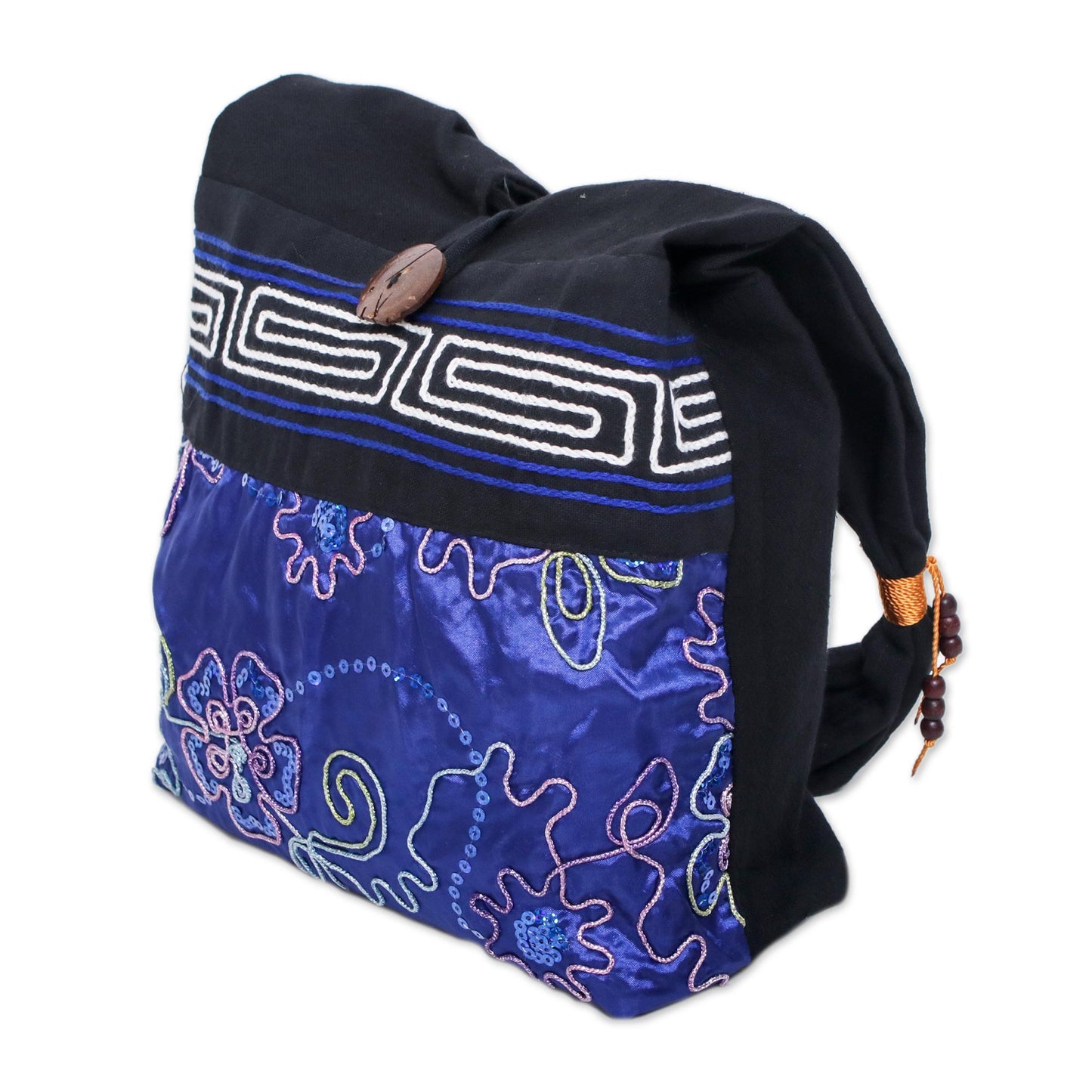 Glittering Blue Flower Black and Blue Cotton with Floral Pattern Shoulder Bag