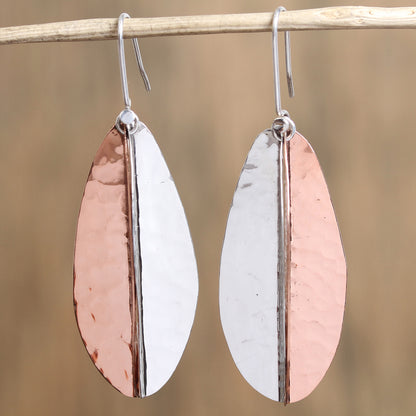 Rippling Leaves Leaf-Shaped Sterling Silver and Copper Dangle Earrings