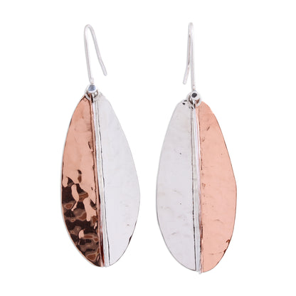 Rippling Leaves Leaf-Shaped Sterling Silver and Copper Dangle Earrings