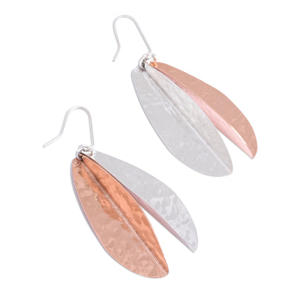 Rippling Leaves Leaf-Shaped Sterling Silver and Copper Dangle Earrings